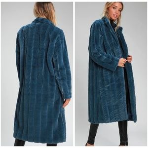 Slate Blue Faux Fur Long Coat